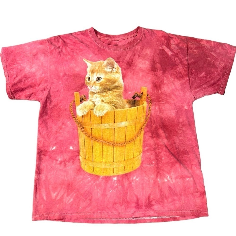 Vintage The Mountain Pink Tie Dye Cat Wooden Basket Tee T-Shirt AOP Large Kitten